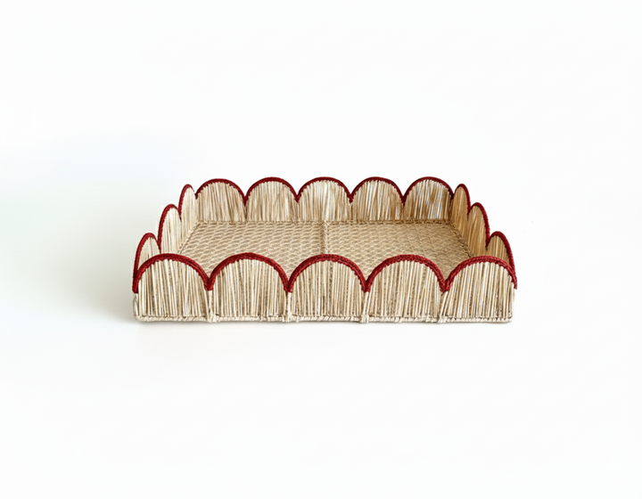 Christmas Handwoven Scalloped Iraca Palm Tray – Natural with Red Accent