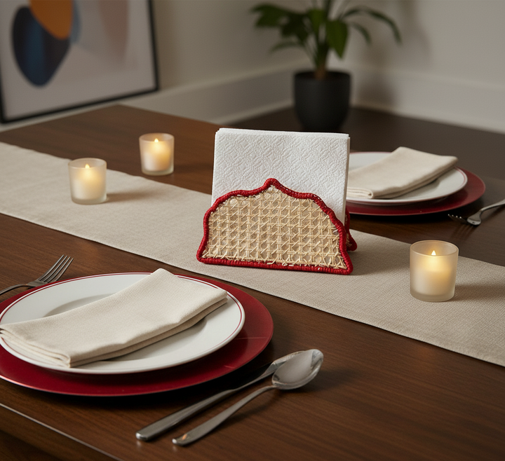 Christmas Handwoven Iraca Palm Napkin Holder – Natural with Red Trim