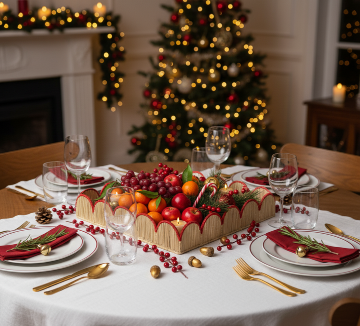Christmas Handwoven Scalloped Iraca Palm Tray – Natural with Red Accent