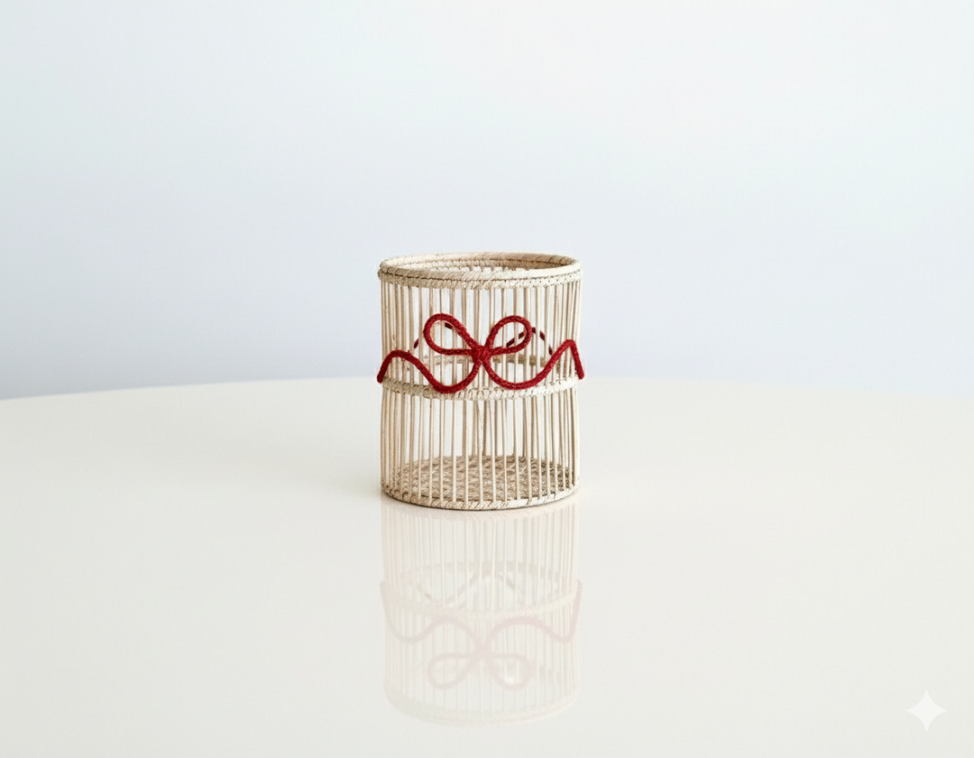 Christmas Handwoven Iraca Palm Candle Holder – Natural with Red Trim