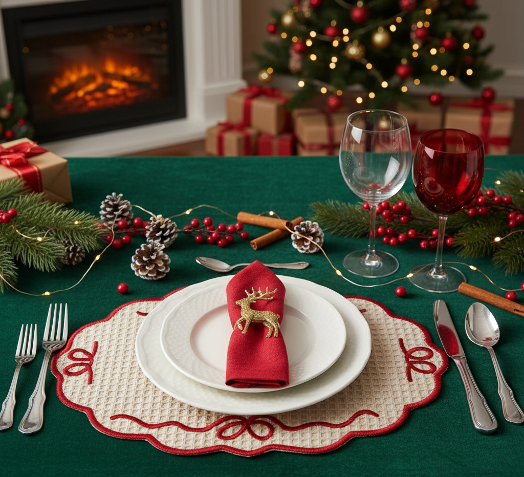 Christmas Handwoven Iraca Palm Placemat - Natural with Red Trim