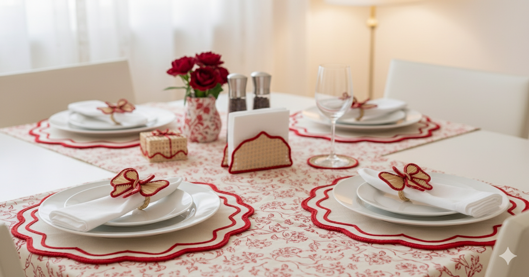 Christmas Handwoven Bow Napkin Ring – Natural with Red Trim