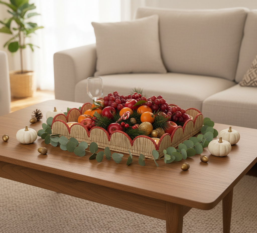 Christmas Handwoven Scalloped Iraca Palm Tray – Natural with Red Accent