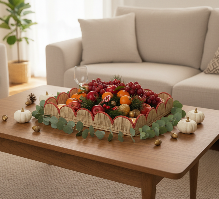 Christmas Handwoven Scalloped Iraca Palm Tray – Natural with Red Accent