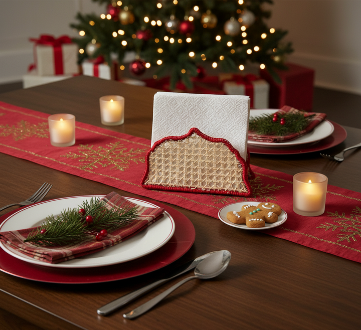 Christmas Handwoven Iraca Palm Napkin Holder – Natural with Red Trim
