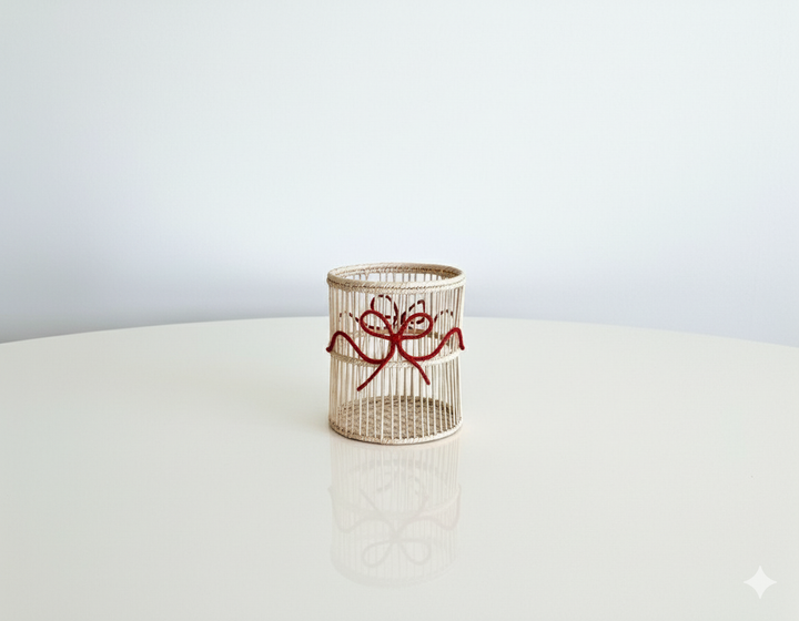 Christmas Handwoven Iraca Palm Candle Holder – Natural with Red Trim