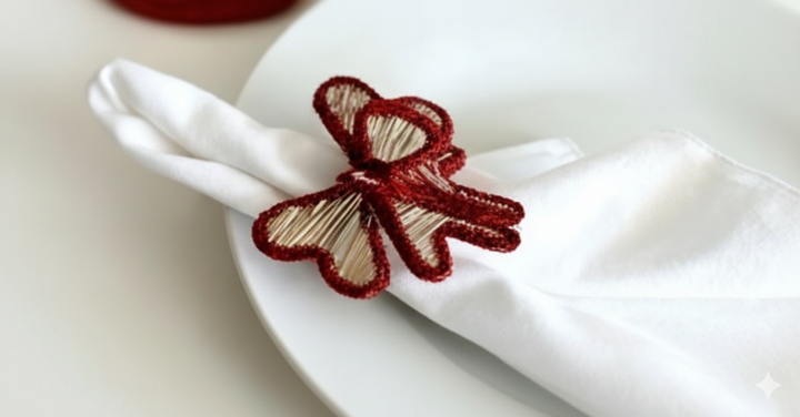 Christmas Handwoven Bow Napkin Ring – Natural with Red Trim