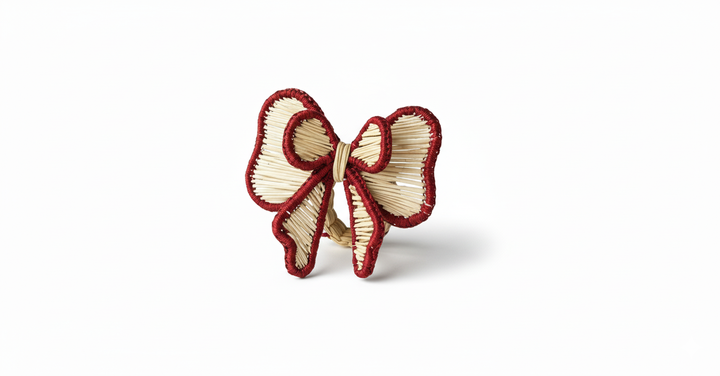 Christmas Handwoven Bow Napkin Ring – Natural with Red Trim