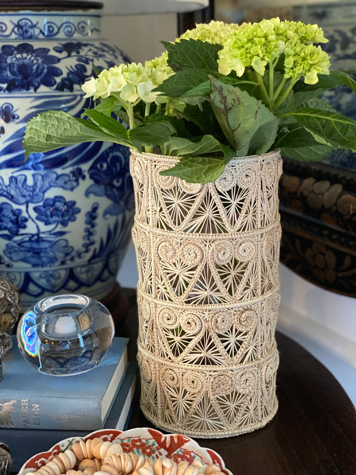 Hidden Hearts Handwoven Iraca Hurricane Vase