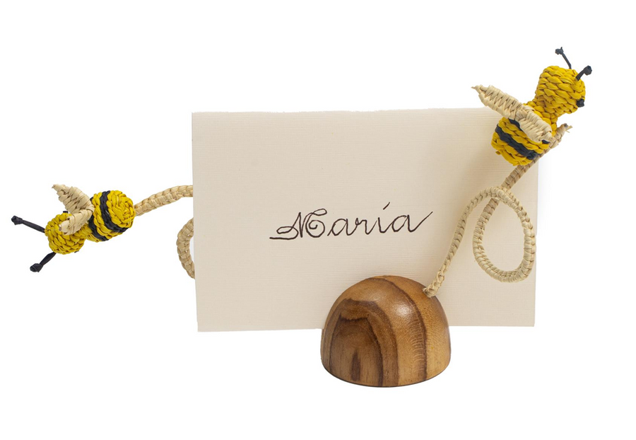 Busy Bees Handwoven Iraca Place Card Holder with wooden base – handmade Colombian wedding and party table décor