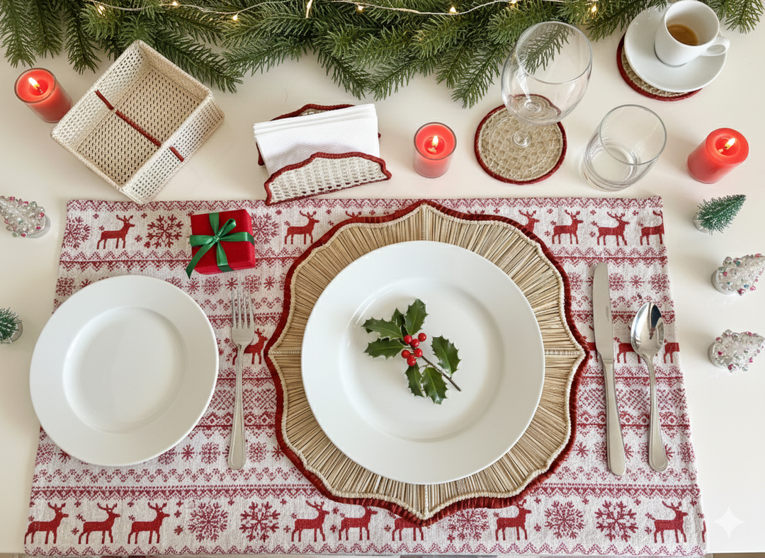 Handwoven Iraca Palm Placemat – Natural with Red Accent | Artisan Round Table Decor