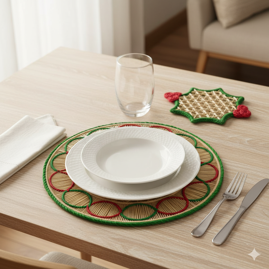 Christmas Handwoven Iraca Palm Coaster – Holly Leaf Design with Red Berries | Holiday Table Decor