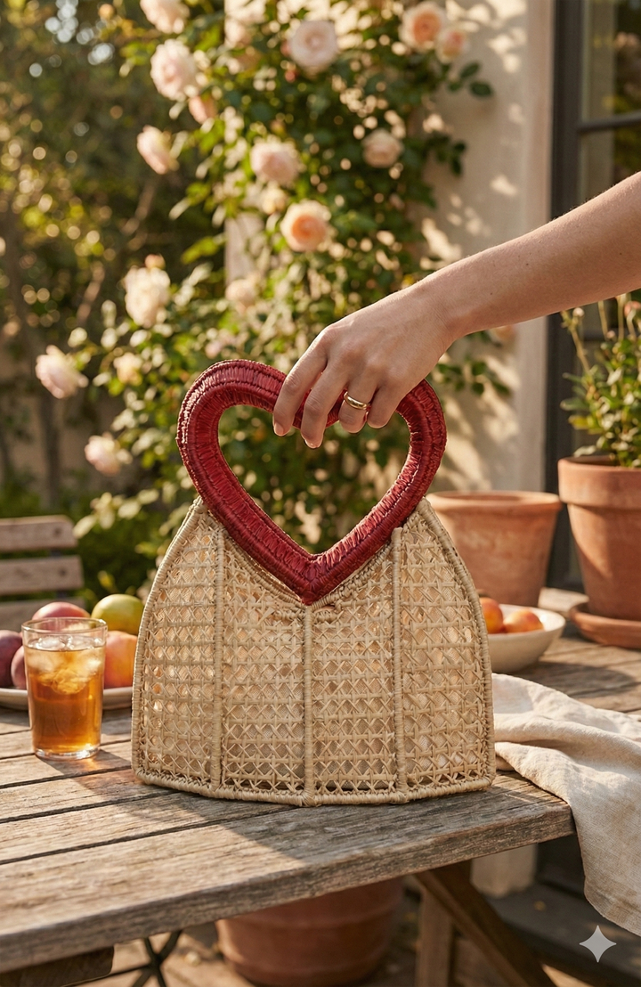 Heart Red Handle Handwoven Iraca Purse