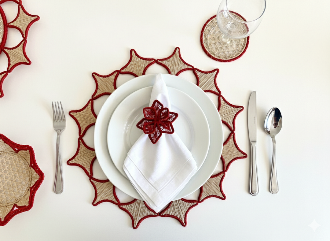 Handwoven Iraca Palm Placemat – Natural with Red Trim | Artisan Holiday Table Decor