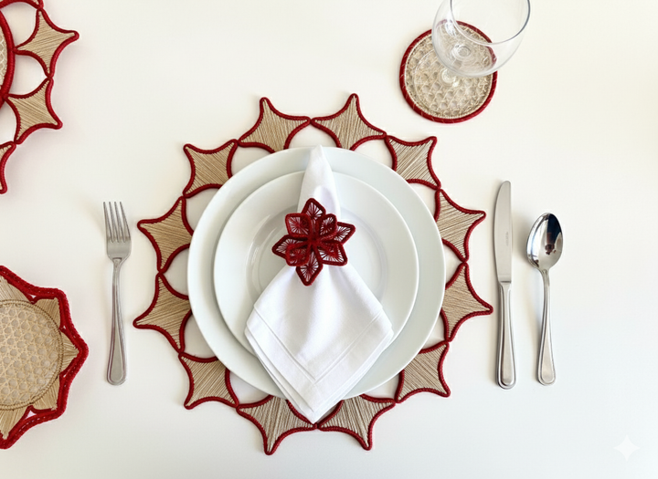Handwoven Iraca Palm Placemat – Natural with Red Trim | Artisan Holiday Table Decor