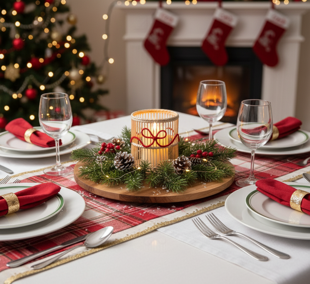 Christmas Candle Holder – Handwoven Iraca Palm with Red Accent