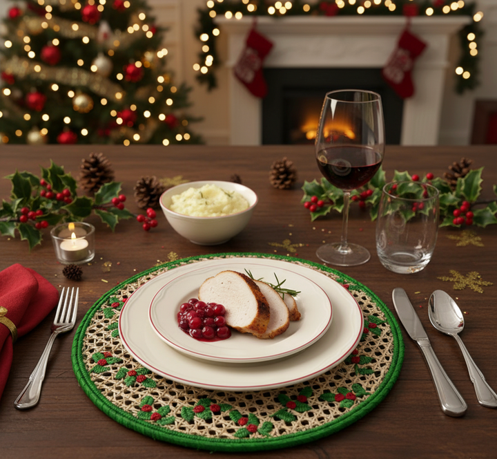 Christmas Holly Round Handwoven Iraca Palm Placemat – Natural with Green and Red Details | Festive Round Table Decor (Copy)