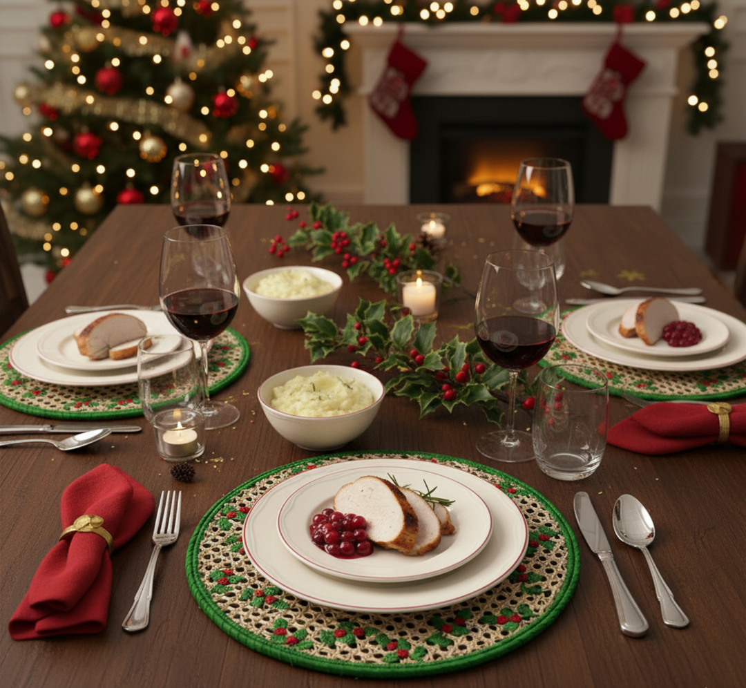 Christmas Holly Round Handwoven Iraca Palm Placemat – Natural with Green and Red Details | Festive Round Table Decor (Copy)