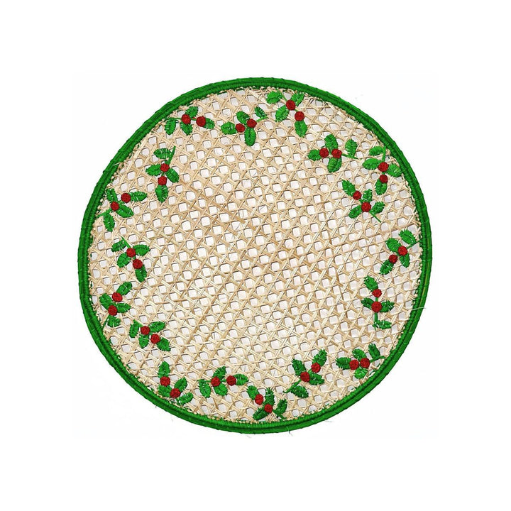 Christmas Holly Handwoven Iraca Palm Placemat – Natural with Green and Red Details | Festive Round Table Decor