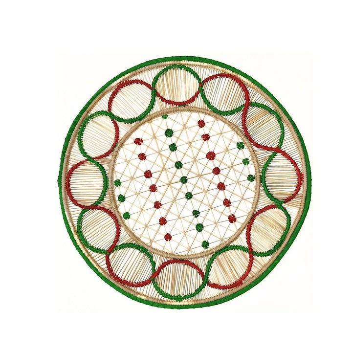 Christmas Handwoven Iraca Palm Placemat – Red and Green Holiday Table Decor | Round Artisan Placemat