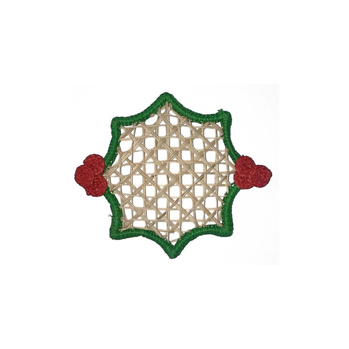 Christmas Handwoven Iraca Palm Coaster – Holly Leaf Design with Red Berries | Holiday Table Decor