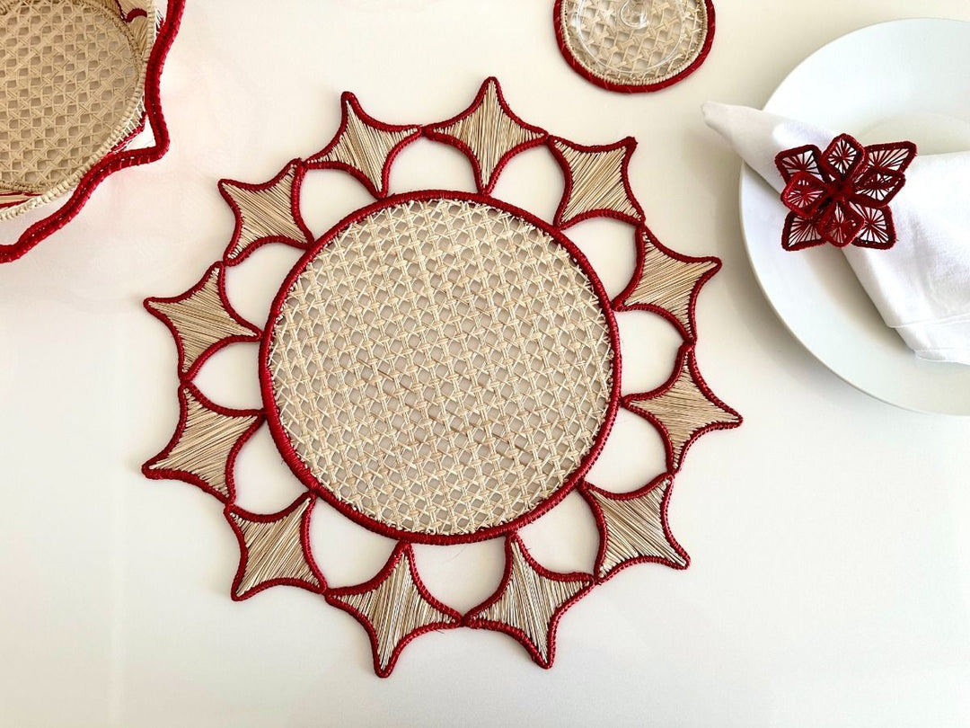 Handwoven Iraca Palm Placemat – Natural with Red Trim | Artisan Holiday Table Decor