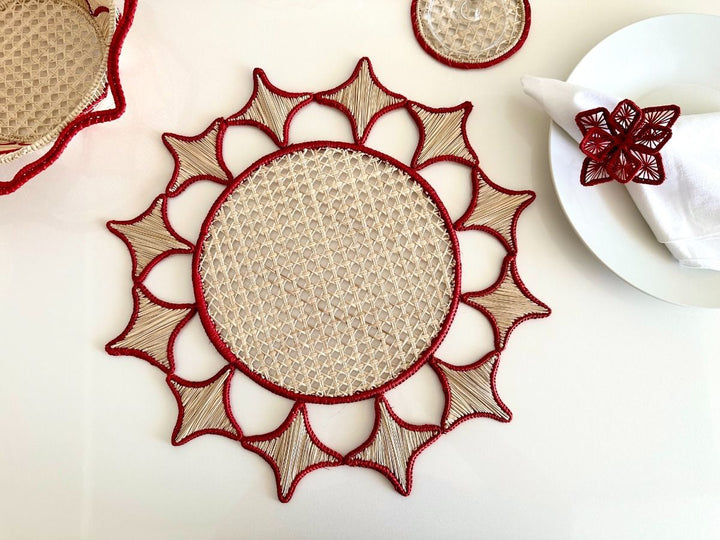 Handwoven Iraca Palm Placemat – Natural with Red Trim | Artisan Holiday Table Decor