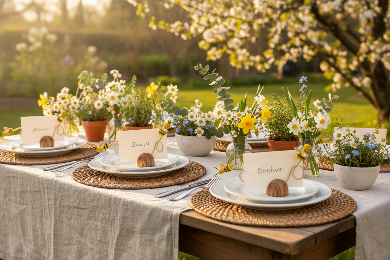 Busy Bees Handwoven Iraca Place Card Holder with wooden base  tablescape