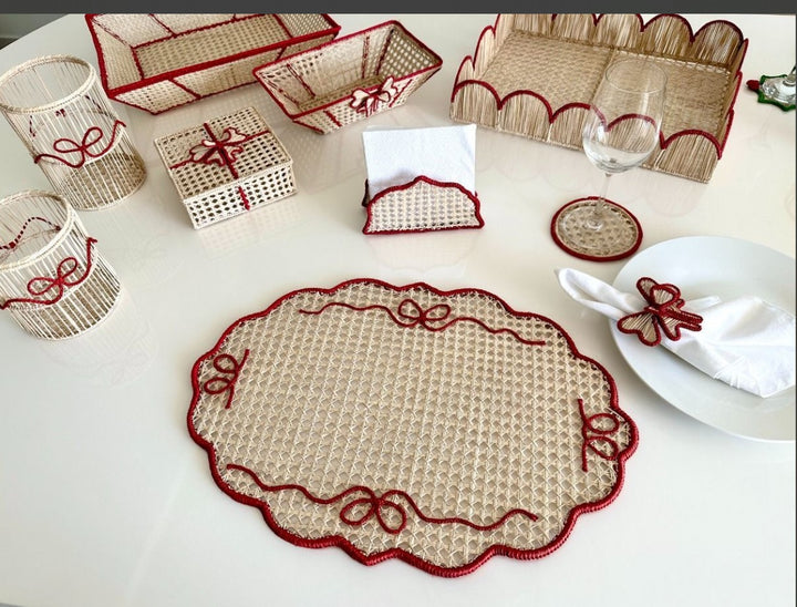 Christmas Handwoven Scalloped Iraca Palm Tray – Natural with Red Accent