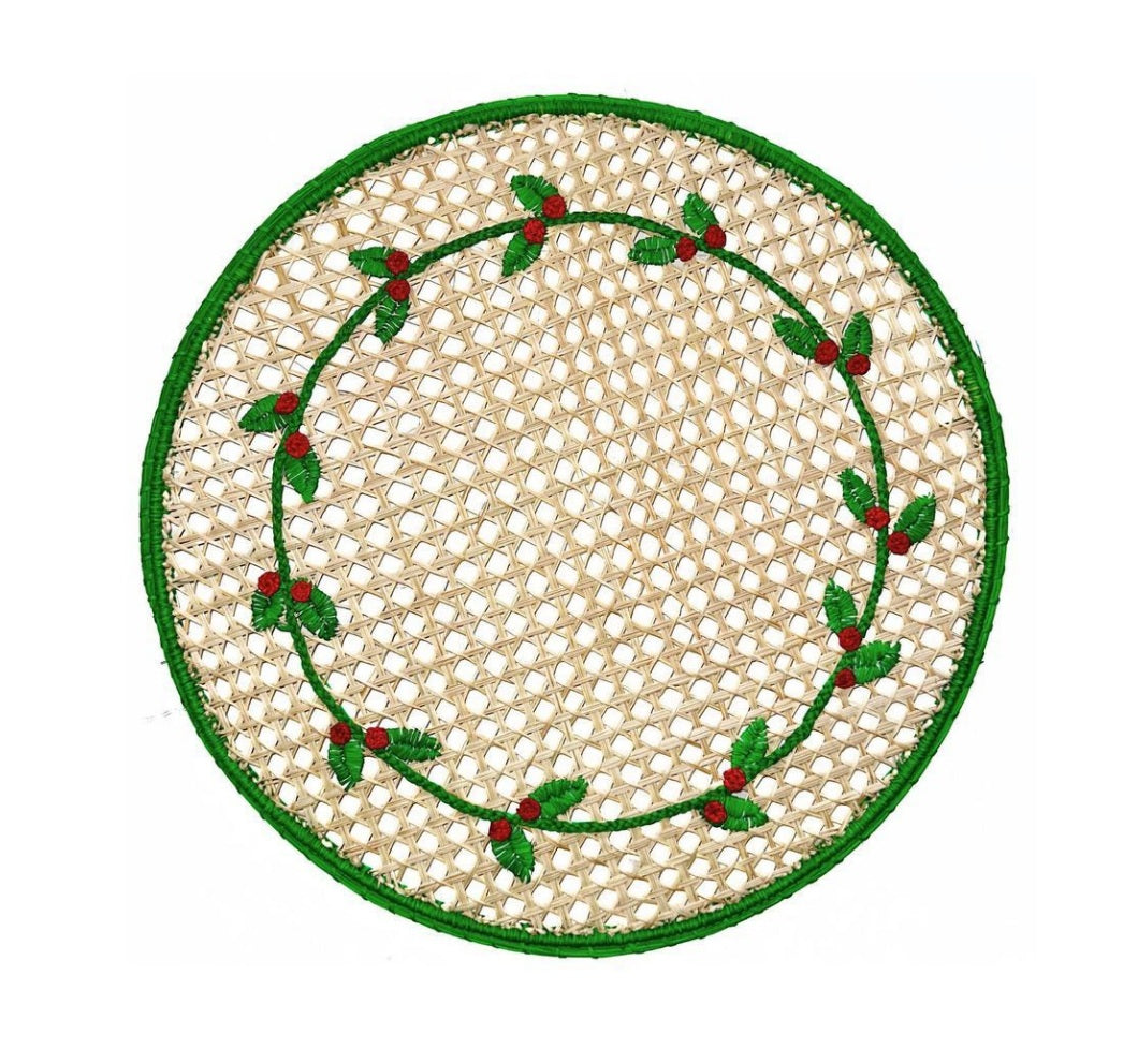 Christmas Holly Round Handwoven Iraca Palm Placemat – Natural with Green and Red Details | Festive Round Table Decor (Copy)