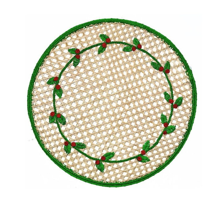 Christmas Holly Round Handwoven Iraca Palm Placemat – Natural with Green and Red Details | Festive Round Table Decor (Copy)